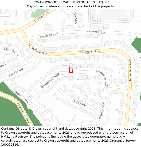 35, SWANBOROUGH ROAD, NEWTON ABBOT, TQ12 4JL: Location map and indicative extent of plot