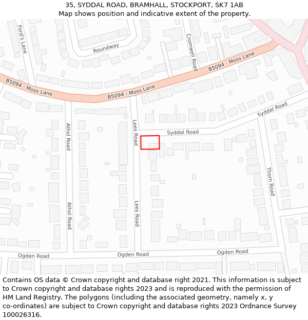 35, SYDDAL ROAD, BRAMHALL, STOCKPORT, SK7 1AB: Location map and indicative extent of plot