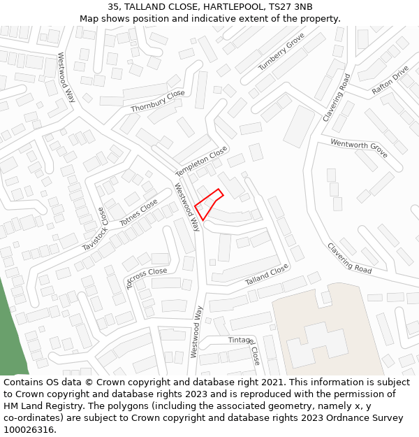 35, TALLAND CLOSE, HARTLEPOOL, TS27 3NB: Location map and indicative extent of plot