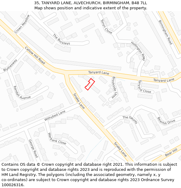 35, TANYARD LANE, ALVECHURCH, BIRMINGHAM, B48 7LL: Location map and indicative extent of plot