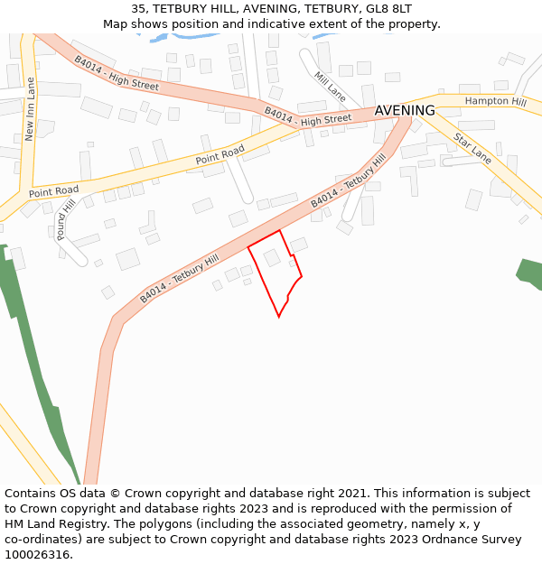 35, TETBURY HILL, AVENING, TETBURY, GL8 8LT: Location map and indicative extent of plot