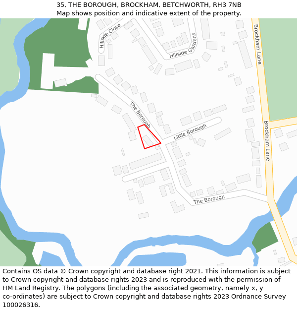 35, THE BOROUGH, BROCKHAM, BETCHWORTH, RH3 7NB: Location map and indicative extent of plot