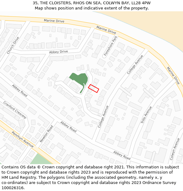 35, THE CLOISTERS, RHOS ON SEA, COLWYN BAY, LL28 4PW: Location map and indicative extent of plot