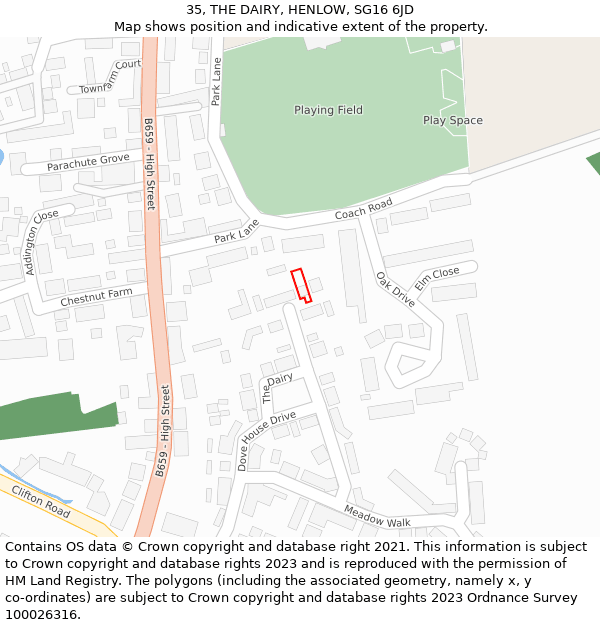 35, THE DAIRY, HENLOW, SG16 6JD: Location map and indicative extent of plot