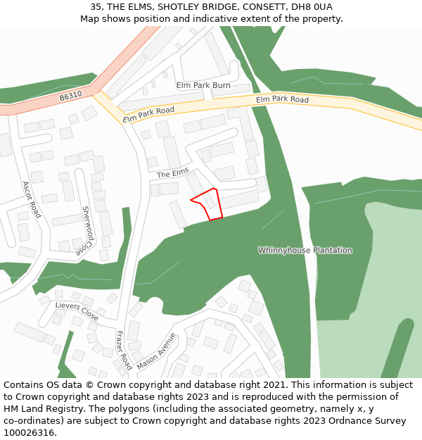 35, THE ELMS, SHOTLEY BRIDGE, CONSETT, DH8 0UA: Location map and indicative extent of plot