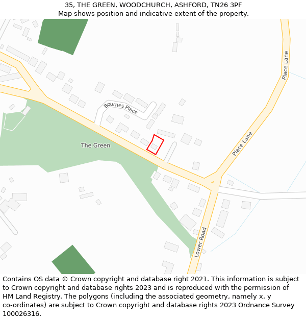 35, THE GREEN, WOODCHURCH, ASHFORD, TN26 3PF: Location map and indicative extent of plot