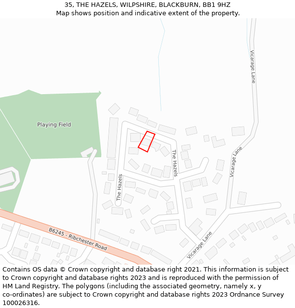 35, THE HAZELS, WILPSHIRE, BLACKBURN, BB1 9HZ: Location map and indicative extent of plot