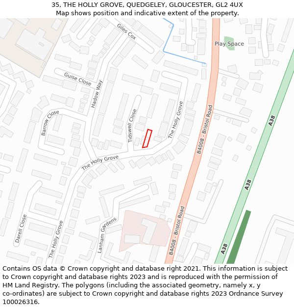 35, THE HOLLY GROVE, QUEDGELEY, GLOUCESTER, GL2 4UX: Location map and indicative extent of plot