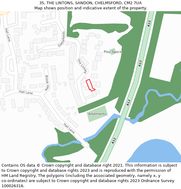 35, THE LINTONS, SANDON, CHELMSFORD, CM2 7UA: Location map and indicative extent of plot