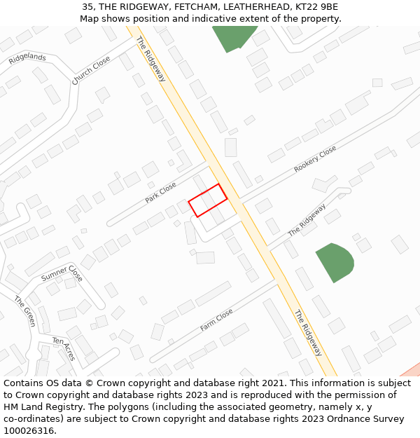 35, THE RIDGEWAY, FETCHAM, LEATHERHEAD, KT22 9BE: Location map and indicative extent of plot