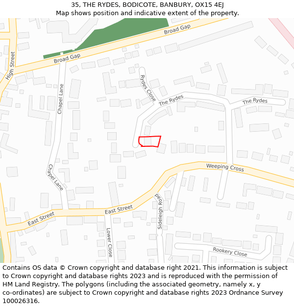 35, THE RYDES, BODICOTE, BANBURY, OX15 4EJ: Location map and indicative extent of plot