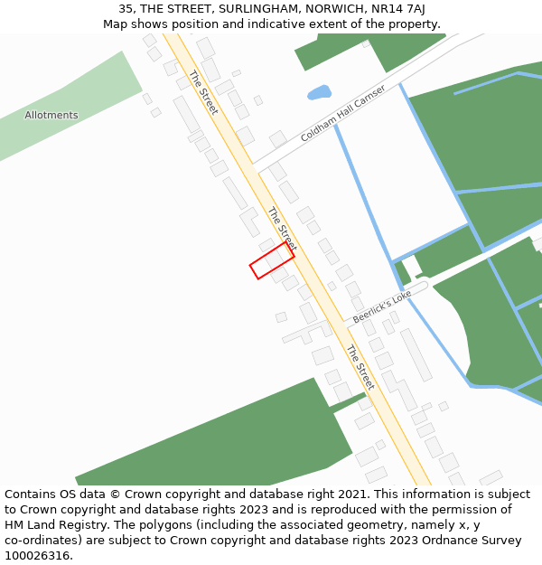 35, THE STREET, SURLINGHAM, NORWICH, NR14 7AJ: Location map and indicative extent of plot