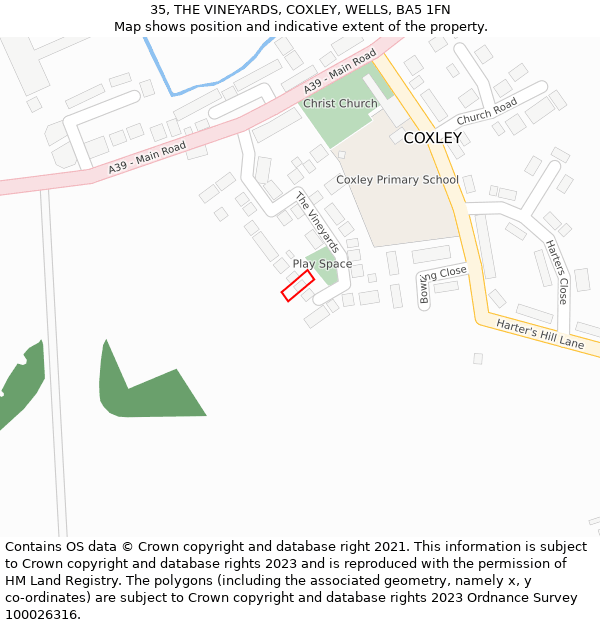 35, THE VINEYARDS, COXLEY, WELLS, BA5 1FN: Location map and indicative extent of plot