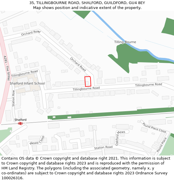 35, TILLINGBOURNE ROAD, SHALFORD, GUILDFORD, GU4 8EY: Location map and indicative extent of plot