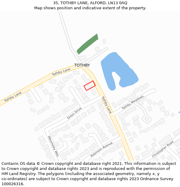 35, TOTHBY LANE, ALFORD, LN13 0AQ: Location map and indicative extent of plot