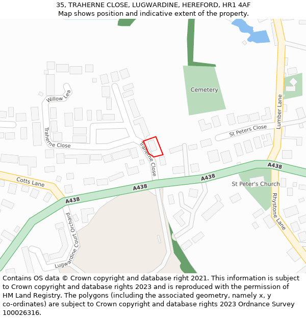 35, TRAHERNE CLOSE, LUGWARDINE, HEREFORD, HR1 4AF: Location map and indicative extent of plot