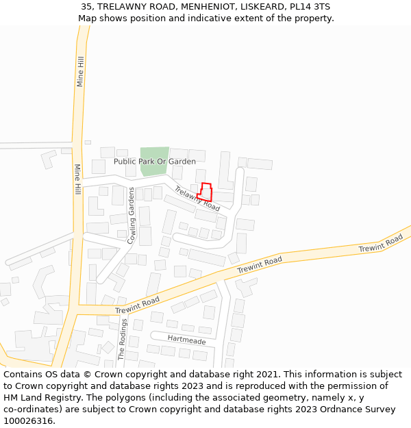 35, TRELAWNY ROAD, MENHENIOT, LISKEARD, PL14 3TS: Location map and indicative extent of plot