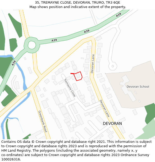 35, TREMAYNE CLOSE, DEVORAN, TRURO, TR3 6QE: Location map and indicative extent of plot