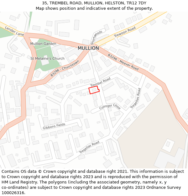 35, TREMBEL ROAD, MULLION, HELSTON, TR12 7DY: Location map and indicative extent of plot