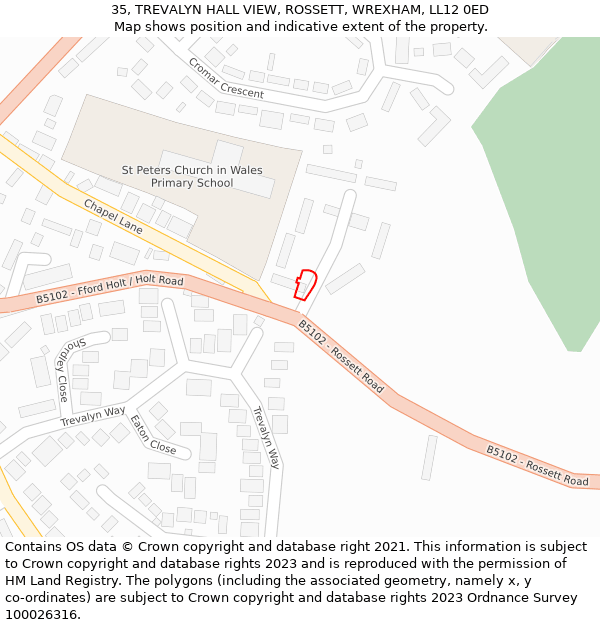 35, TREVALYN HALL VIEW, ROSSETT, WREXHAM, LL12 0ED: Location map and indicative extent of plot