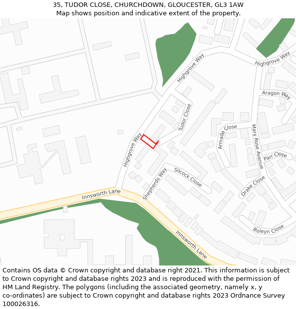 35, TUDOR CLOSE, CHURCHDOWN, GLOUCESTER, GL3 1AW: Location map and indicative extent of plot