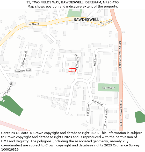 35, TWO FIELDS WAY, BAWDESWELL, DEREHAM, NR20 4TQ: Location map and indicative extent of plot