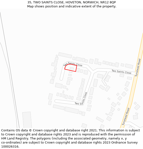 35, TWO SAINTS CLOSE, HOVETON, NORWICH, NR12 8QP: Location map and indicative extent of plot