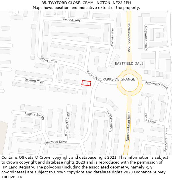 35, TWYFORD CLOSE, CRAMLINGTON, NE23 1PH: Location map and indicative extent of plot