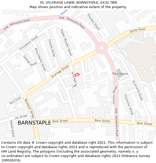 35, VICARAGE LAWN, BARNSTAPLE, EX32 7BN: Location map and indicative extent of plot