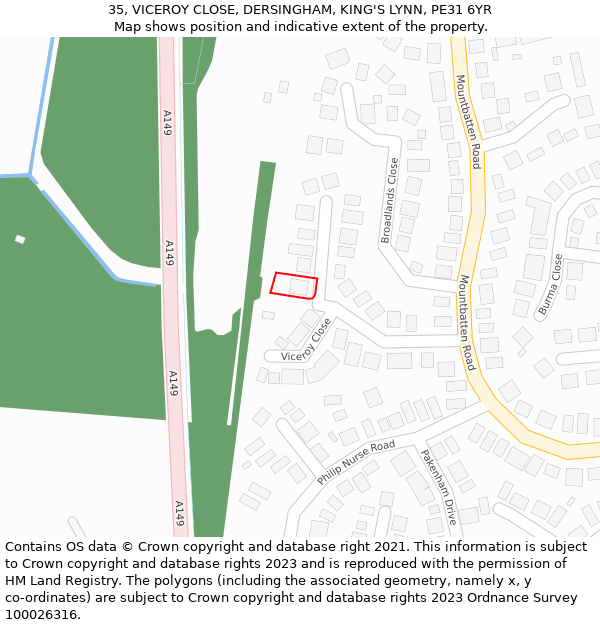 35, VICEROY CLOSE, DERSINGHAM, KING'S LYNN, PE31 6YR: Location map and indicative extent of plot