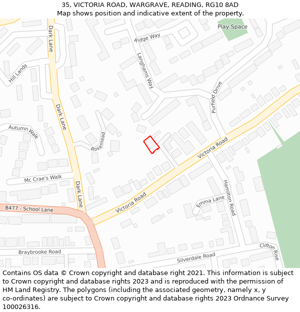 35, VICTORIA ROAD, WARGRAVE, READING, RG10 8AD: Location map and indicative extent of plot