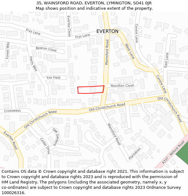 35, WAINSFORD ROAD, EVERTON, LYMINGTON, SO41 0JR: Location map and indicative extent of plot