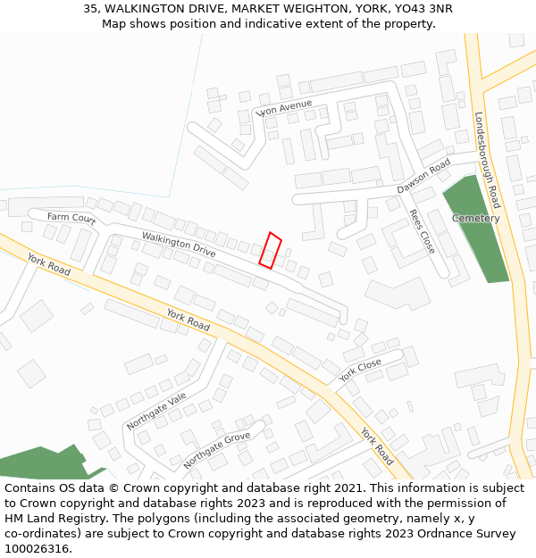 35, WALKINGTON DRIVE, MARKET WEIGHTON, YORK, YO43 3NR: Location map and indicative extent of plot