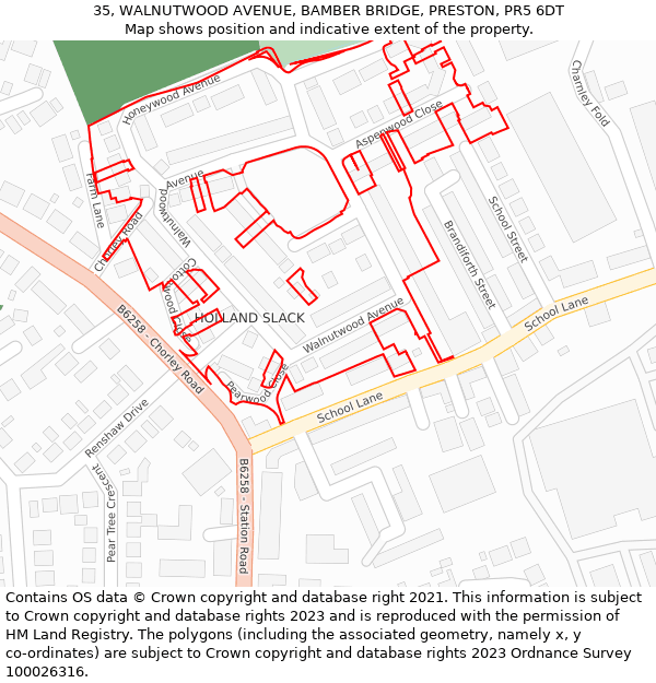 35, WALNUTWOOD AVENUE, BAMBER BRIDGE, PRESTON, PR5 6DT: Location map and indicative extent of plot