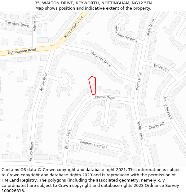 35, WALTON DRIVE, KEYWORTH, NOTTINGHAM, NG12 5FN: Location map and indicative extent of plot