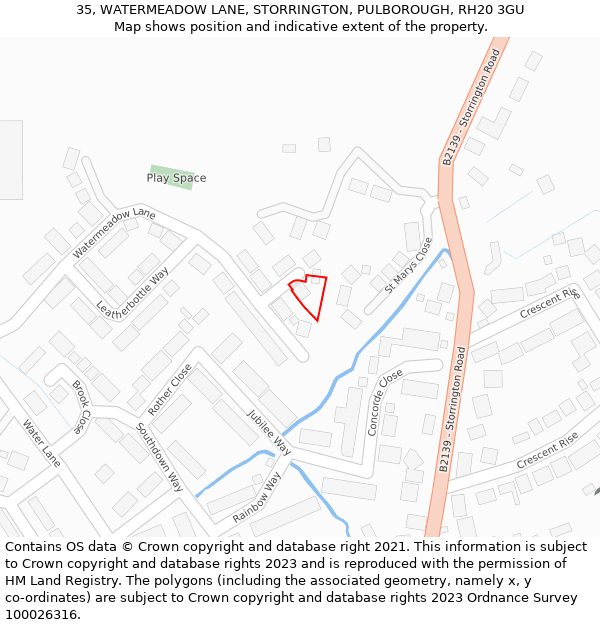 35, WATERMEADOW LANE, STORRINGTON, PULBOROUGH, RH20 3GU: Location map and indicative extent of plot