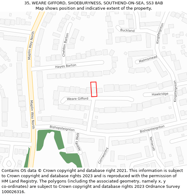 35, WEARE GIFFORD, SHOEBURYNESS, SOUTHEND-ON-SEA, SS3 8AB: Location map and indicative extent of plot