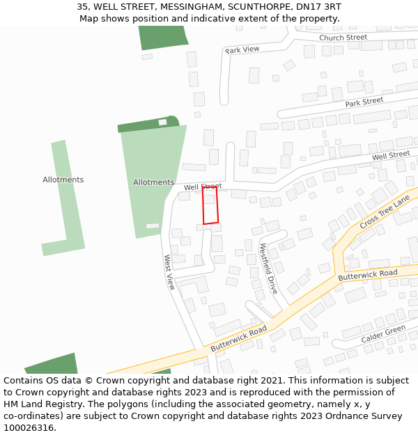 35, WELL STREET, MESSINGHAM, SCUNTHORPE, DN17 3RT: Location map and indicative extent of plot