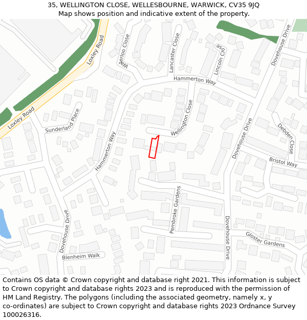 35, WELLINGTON CLOSE, WELLESBOURNE, WARWICK, CV35 9JQ: Location map and indicative extent of plot