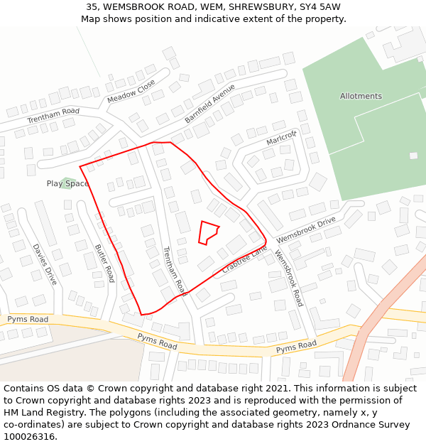 35, WEMSBROOK ROAD, WEM, SHREWSBURY, SY4 5AW: Location map and indicative extent of plot