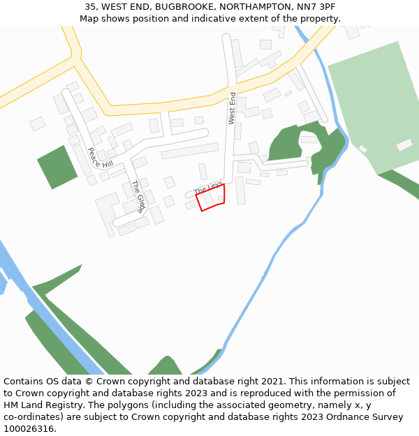 35, WEST END, BUGBROOKE, NORTHAMPTON, NN7 3PF: Location map and indicative extent of plot
