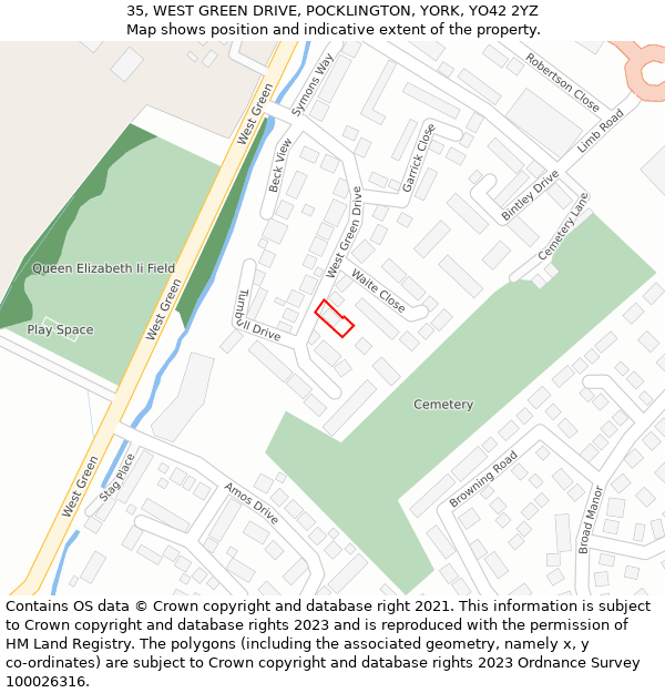 35, WEST GREEN DRIVE, POCKLINGTON, YORK, YO42 2YZ: Location map and indicative extent of plot