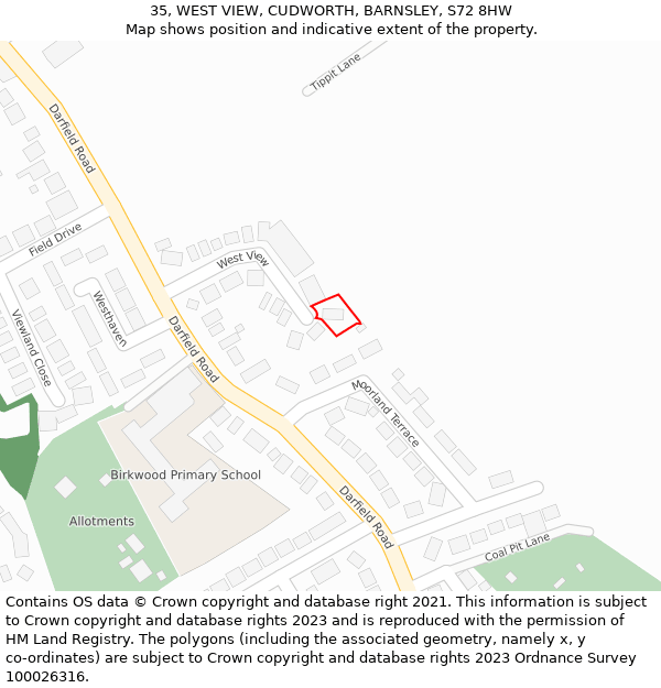 35, WEST VIEW, CUDWORTH, BARNSLEY, S72 8HW: Location map and indicative extent of plot