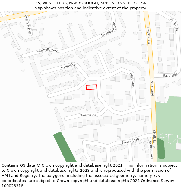 35, WESTFIELDS, NARBOROUGH, KING'S LYNN, PE32 1SX: Location map and indicative extent of plot