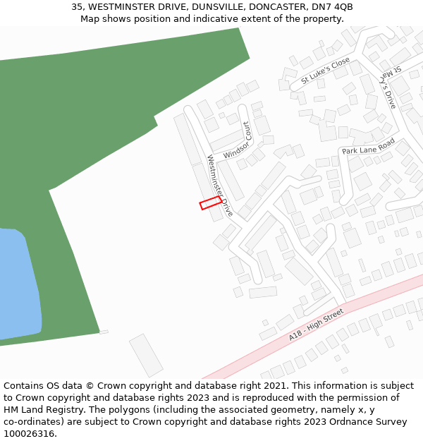 35, WESTMINSTER DRIVE, DUNSVILLE, DONCASTER, DN7 4QB: Location map and indicative extent of plot