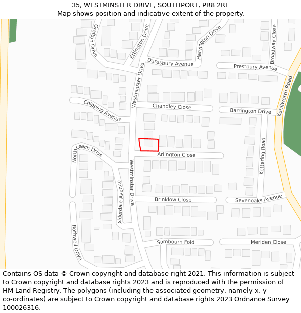 35, WESTMINSTER DRIVE, SOUTHPORT, PR8 2RL: Location map and indicative extent of plot