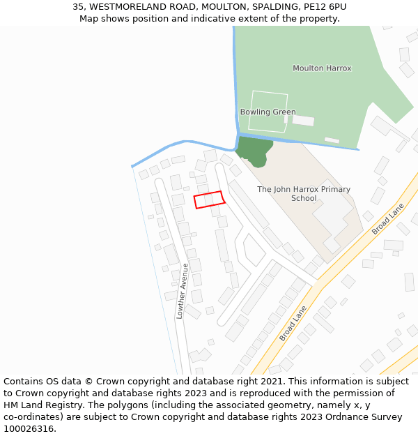 35, WESTMORELAND ROAD, MOULTON, SPALDING, PE12 6PU: Location map and indicative extent of plot