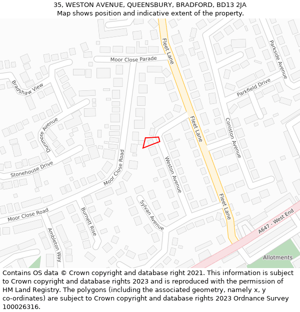 35, WESTON AVENUE, QUEENSBURY, BRADFORD, BD13 2JA: Location map and indicative extent of plot