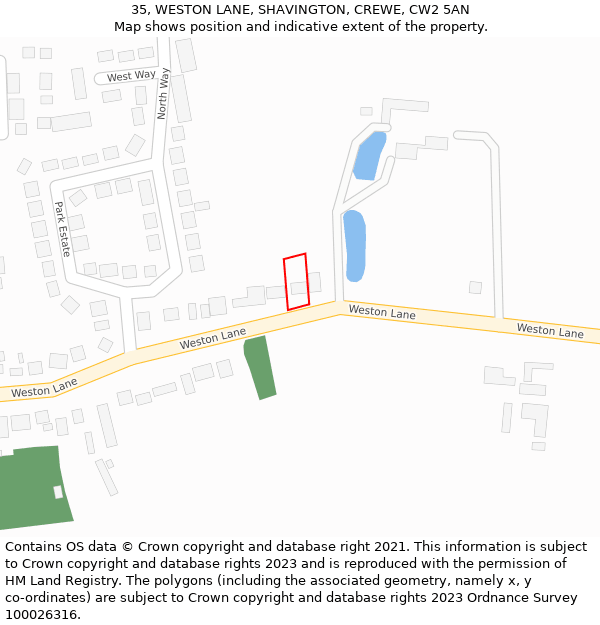 35, WESTON LANE, SHAVINGTON, CREWE, CW2 5AN: Location map and indicative extent of plot