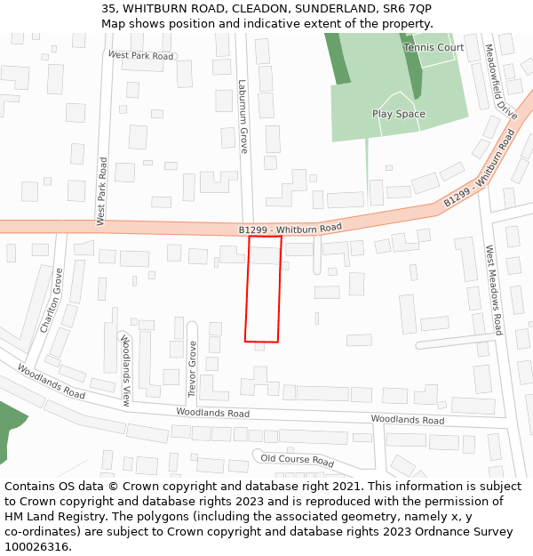 35, WHITBURN ROAD, CLEADON, SUNDERLAND, SR6 7QP: Location map and indicative extent of plot